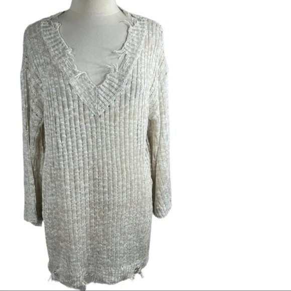 Davi & Dani y2k distressed frayed ripped v neck sweater cream oatmeal - Picture 2 of 9